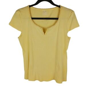 Jones New York Sport Yellow Ribbed Cotton Lace Trim Henley Top Large